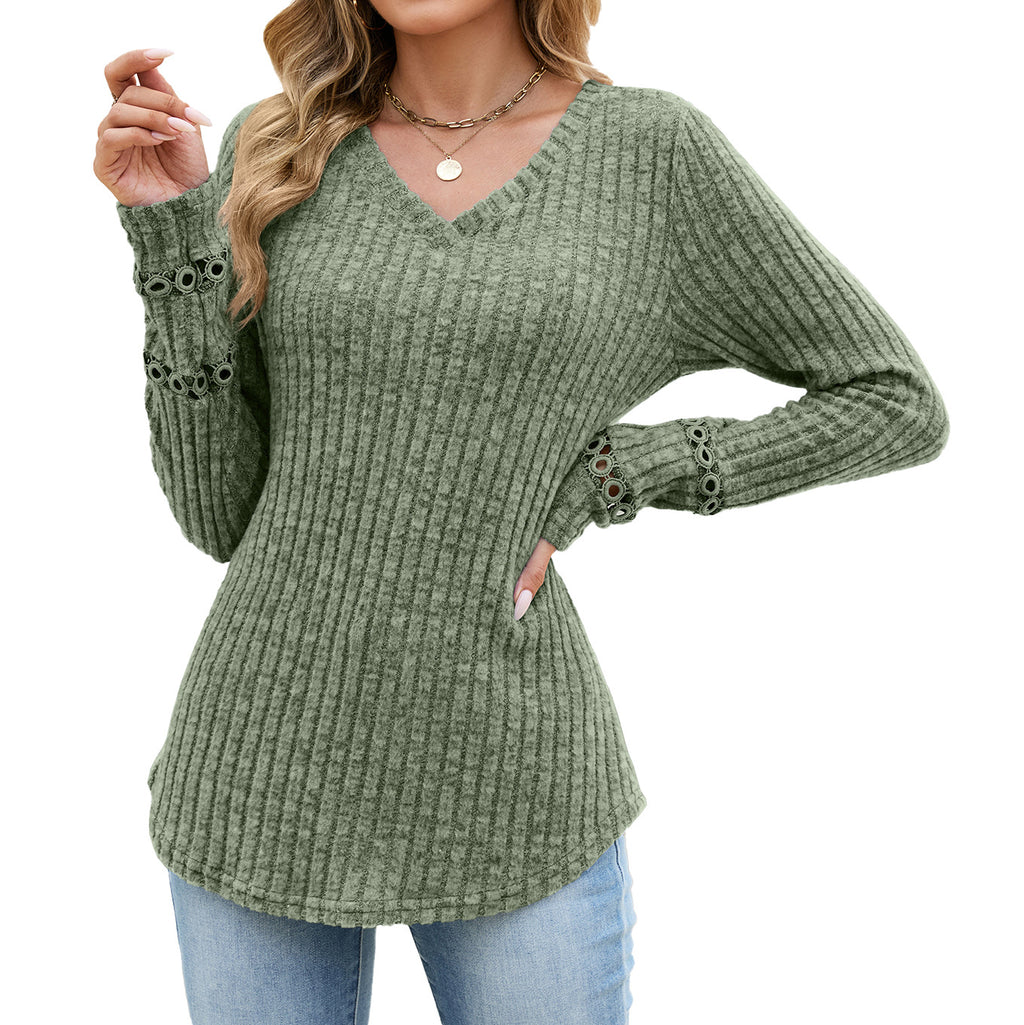 Solid-color V-neck Lace-panel Loose-fitting Long-sleeve Top by Ricaloux