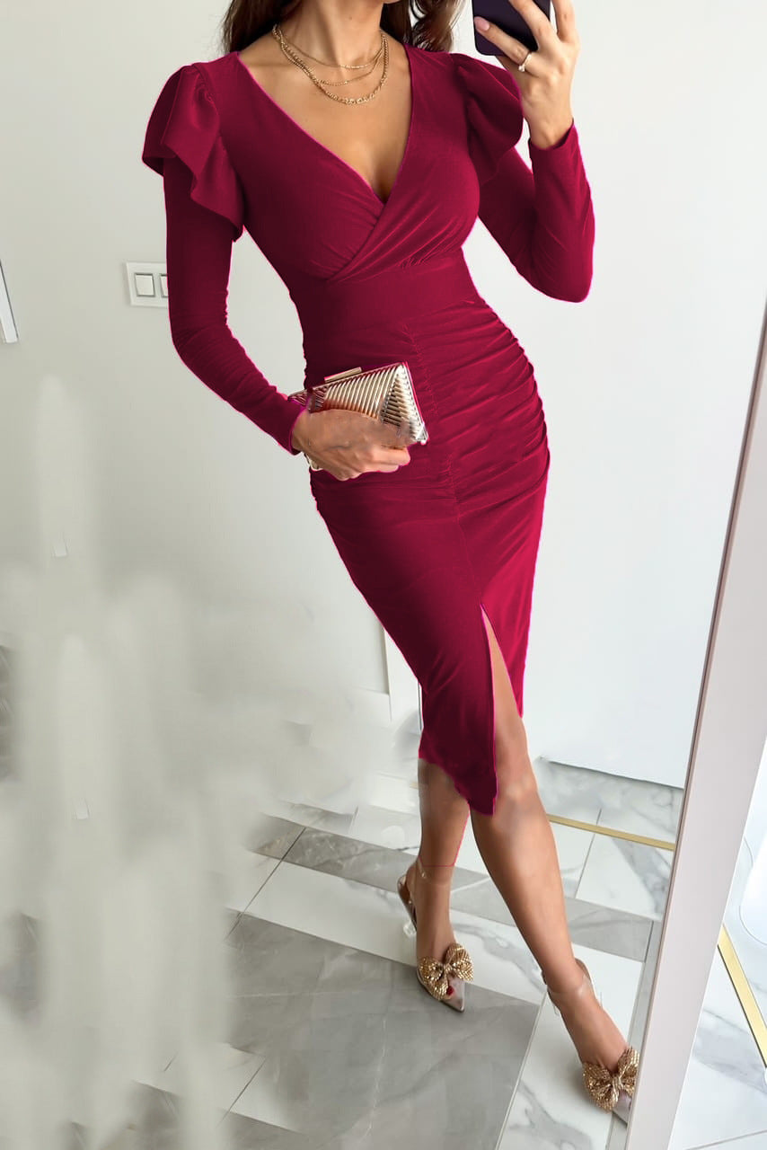 Womens Fashion V-Neck Defined Waistline Slit Long-Sleeve Dress by Ricaloux