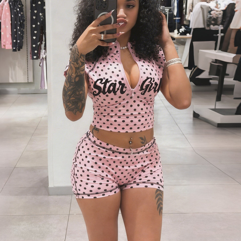 Womens Polka-Dot Print Zippered Crop Top And Shorts Set by Ricaloux
