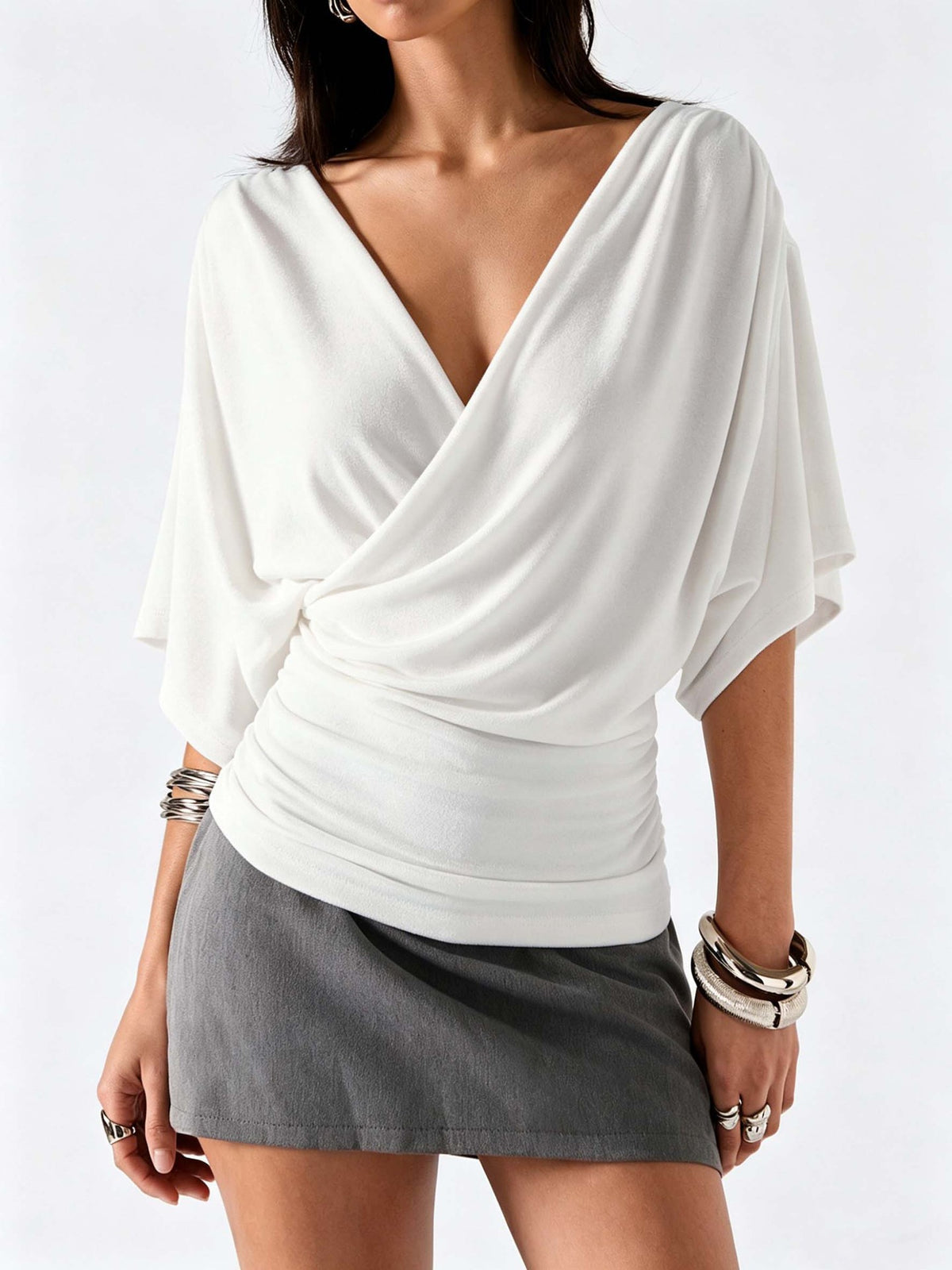 Womens French-style Cross V-Neck Batwing-Sleeve Top – Premium 0 | RICALOUX