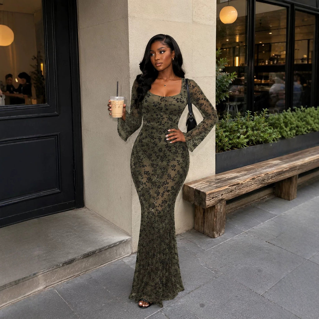 Flocked-print Slimming Flared Long-sleeve Dress by Ricaloux