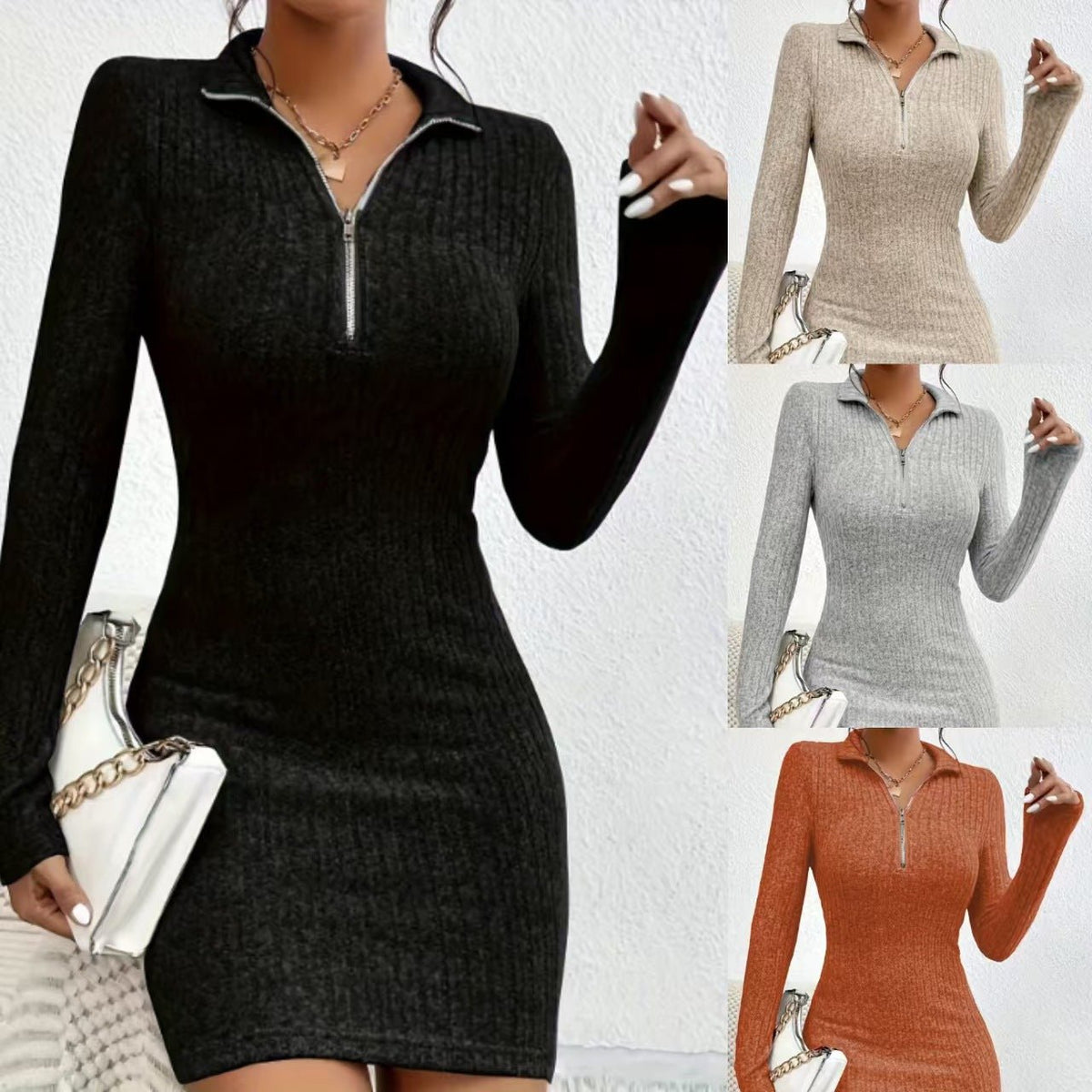 Slim Fit Slimming Zipper Lapel Sheath Dress - RICALOUX