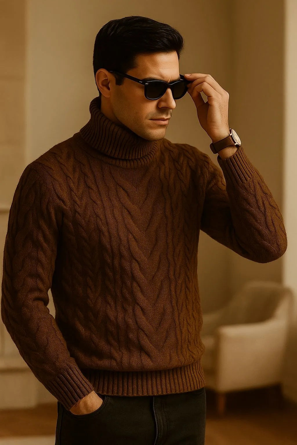 Mens Turtleneck Cable-Knit Sweater In Plus Sizes by Ricaloux