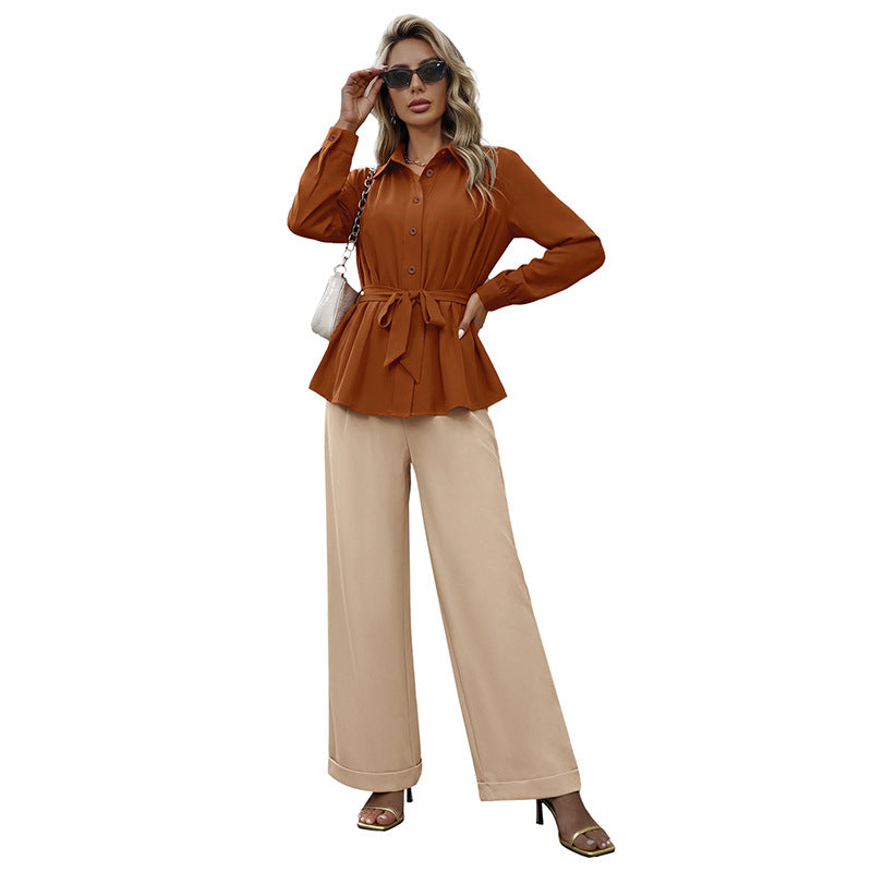 Womens SolidColor DefinedWaist Pants Set For FallWinter by Ricaloux