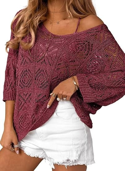 Crochet Hollowed-Out Three-Quarter-Sleeve Pullover Sweater – Premium 0 | RICALOUX