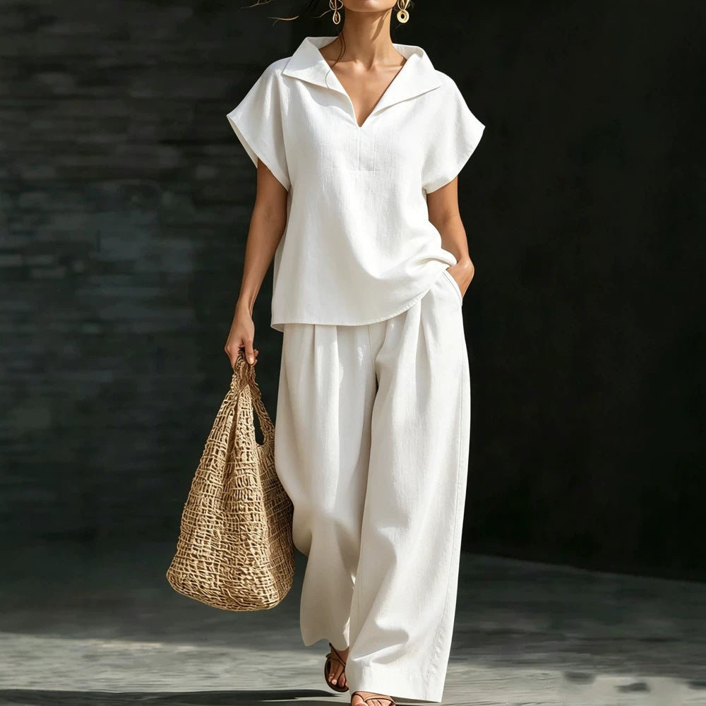 Womens Casual V-Neck Pullover Short-Sleeve Pants Set by Ricaloux