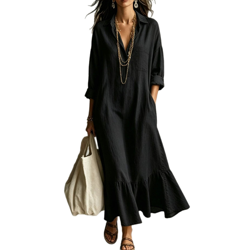 Turn-down Collar Fishtail Casual Loose-fit Figure-flattering Shirt Dress by Ricaloux