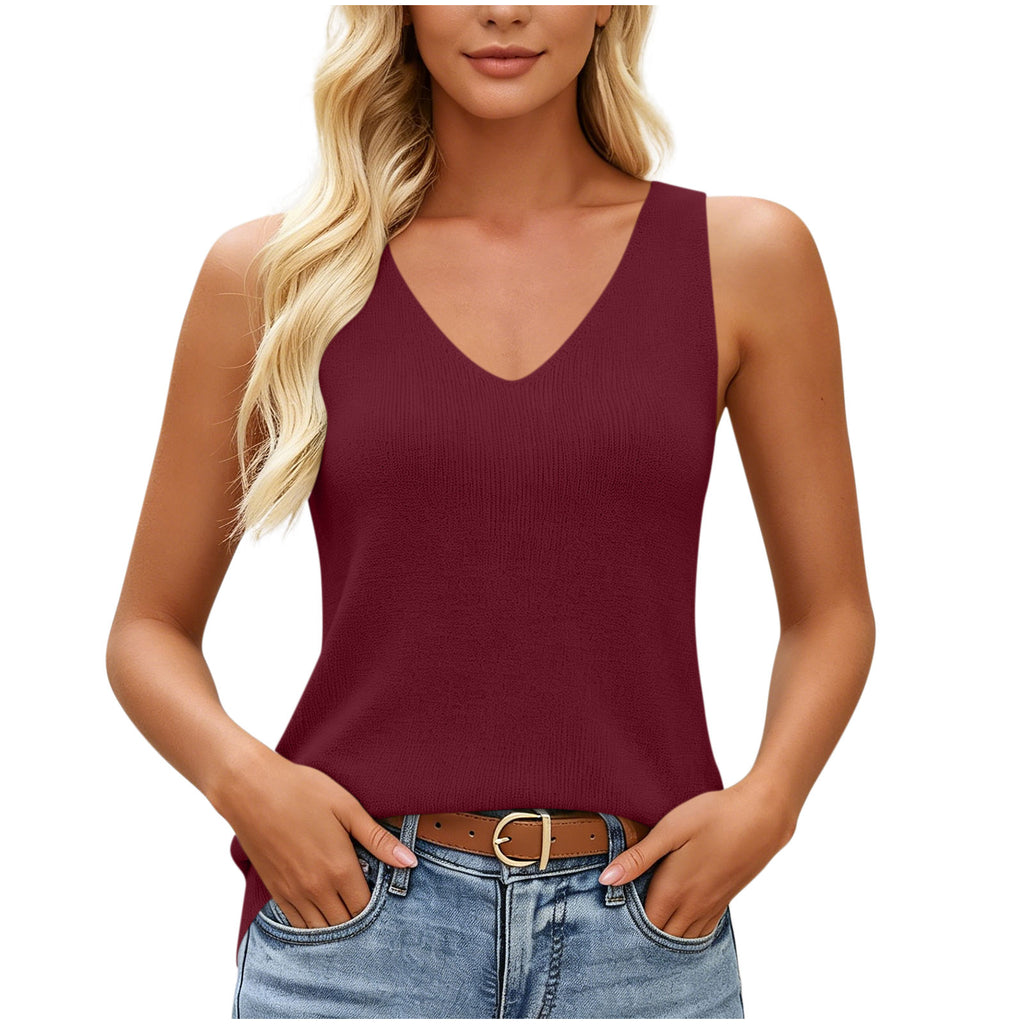 Summer V-neck Knitted Camisole Vest For Women, Solid Color Slim Fit Sleeveless Base Shirt, Versatile Inner Top – Premium 4 | RICALOUX