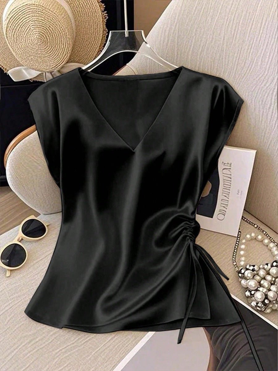 Womens Solid-Color Casual Satin V-Neck Top With Drawstring Hem - RICALOUX