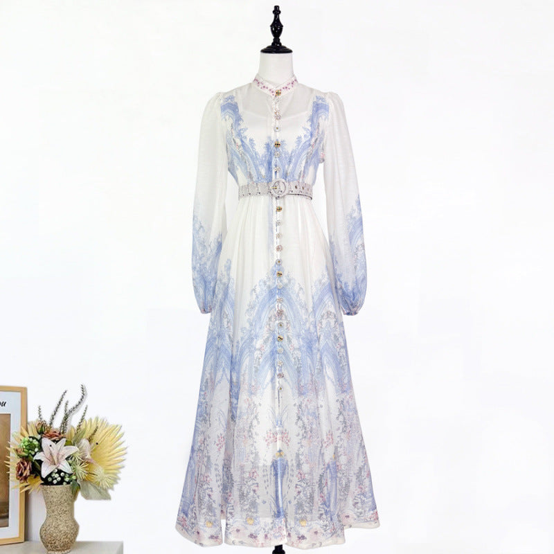 Stand-collar Single-breasted Dress With Puff Sleeves A Fitted Waist by Ricaloux