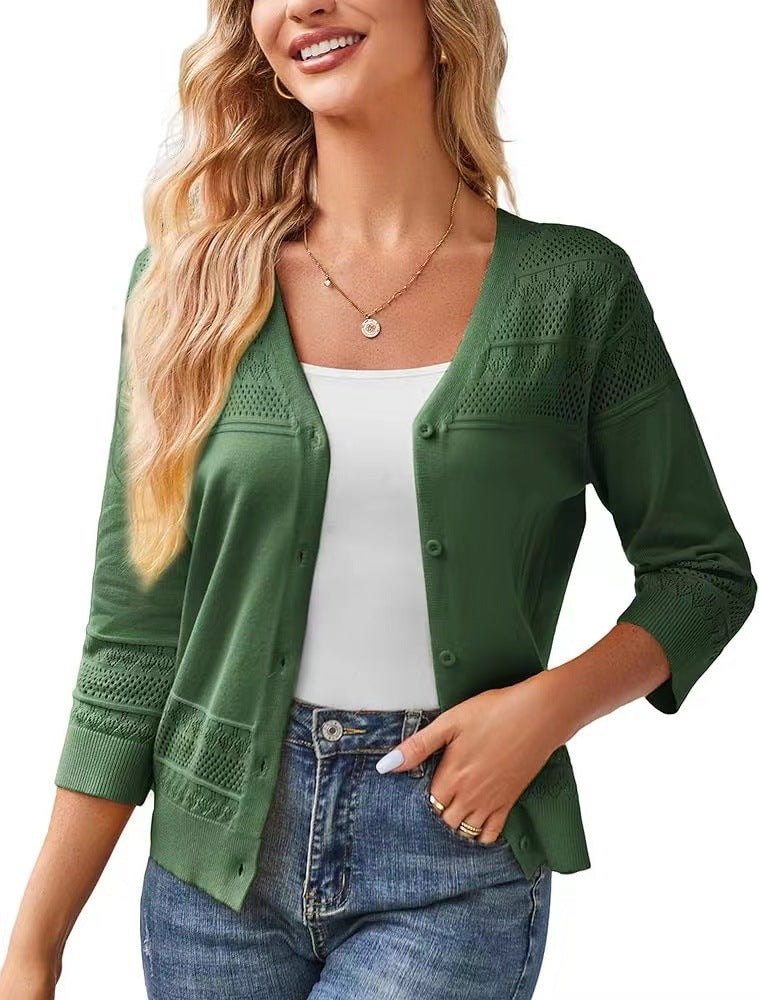 V-neck Cropped Outerwear Hollow-out Knit Cardigan by Ricaloux
