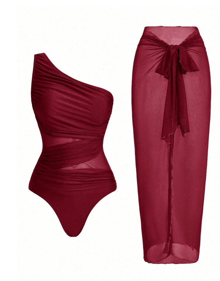 Mesh One-piece Swimsuit For Women European And American Style Tummy Covering And Figureflattering With A Wrap Skirt – Premium 0 | RICALOUX