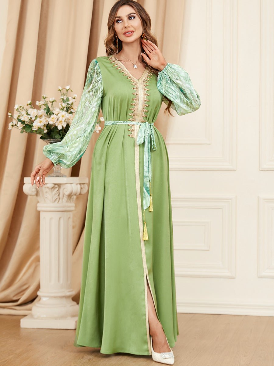 Patchwork Puff Sleeve Long Sleeve Arabic Dress - RICALOUX