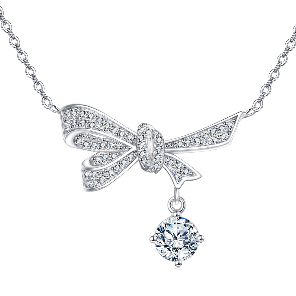 925 Sterling Silver Elegant Silver Bow Necklace With Dangling Moissanite Pendant Sparkling Charm - RICALOUX