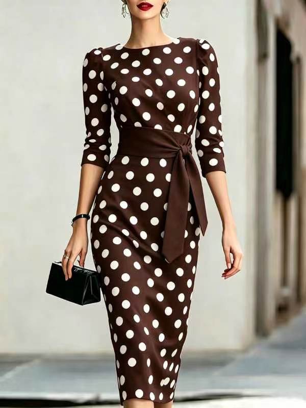 Women Elegant Black White Polka Dot Midi Dress With Waist Belt Three-Quarter Sleeve O Neck Pencil Bodycon Formal Work Office Party Dress by Ricaloux