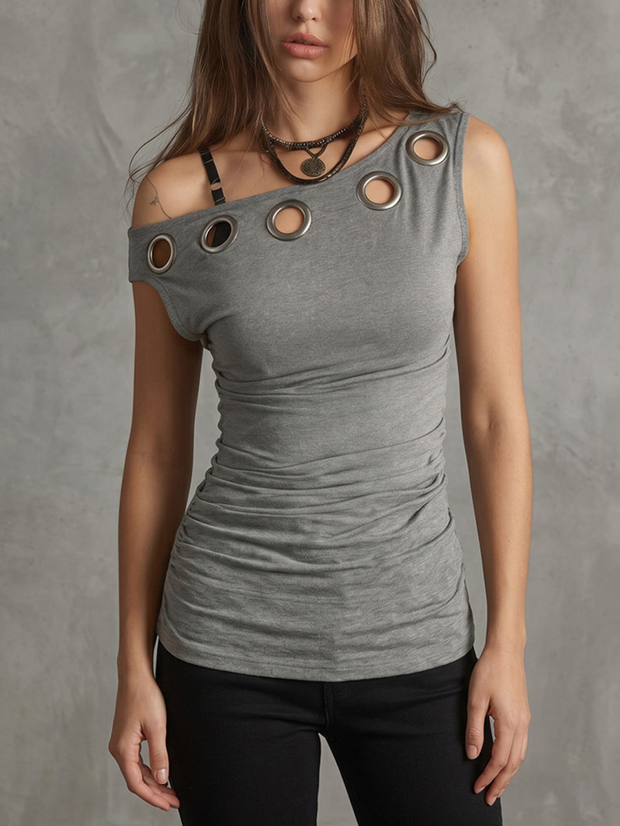 Hollow-out Pleated Solid-color Off-shoulder T-shirt Top – Premium 0 | RICALOUX