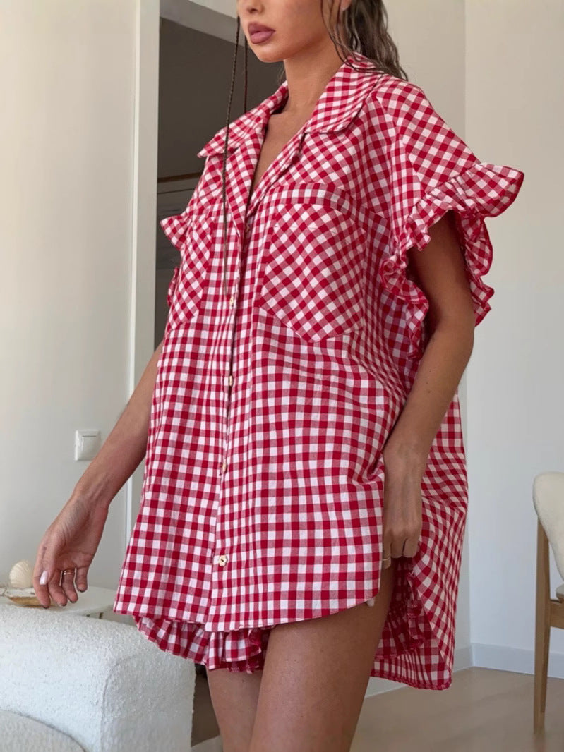 Ruffled Plaid Shirt And High-waisted Shorts Set – Premium 4 | RICALOUX