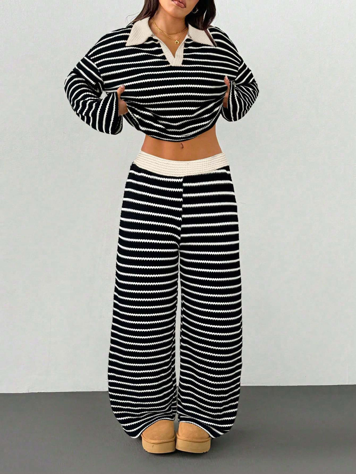Striped Knitted Color-Block Long-Sleeve Top And Pants Casual Set – Premium 0 | RICALOUX