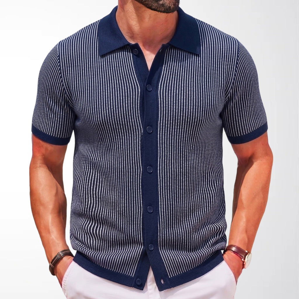 Mens Vertical-Striped Colorblock Lapel Knit Sweater – Premium 0 | RICALOUX