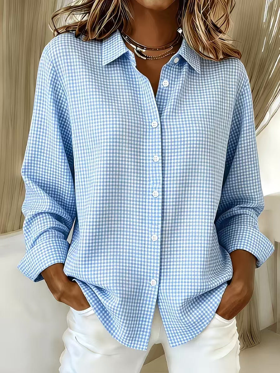Versatile Lapel-collar Long-sleeve Plaid Shirt by Ricaloux