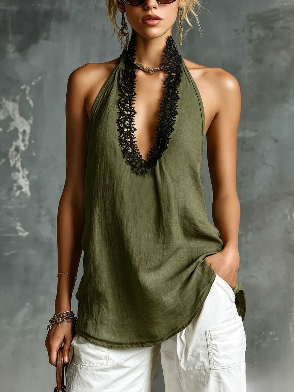 V-neck Sleeveless Halter Lace-trimmed Cotton-linen Vest by Ricaloux