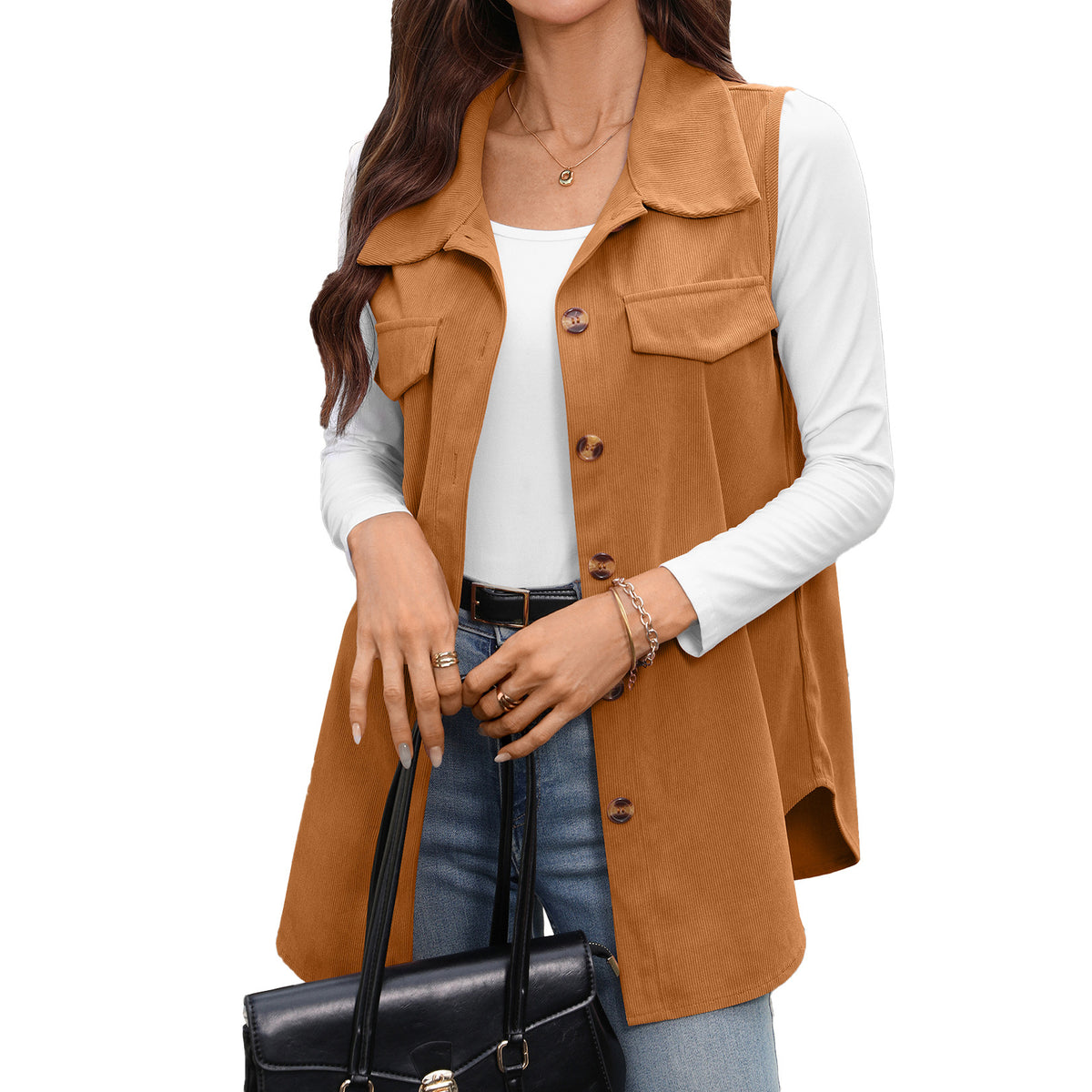 Solid-color Buttoned Corduroy Vest Jacket For Women by Ricaloux
