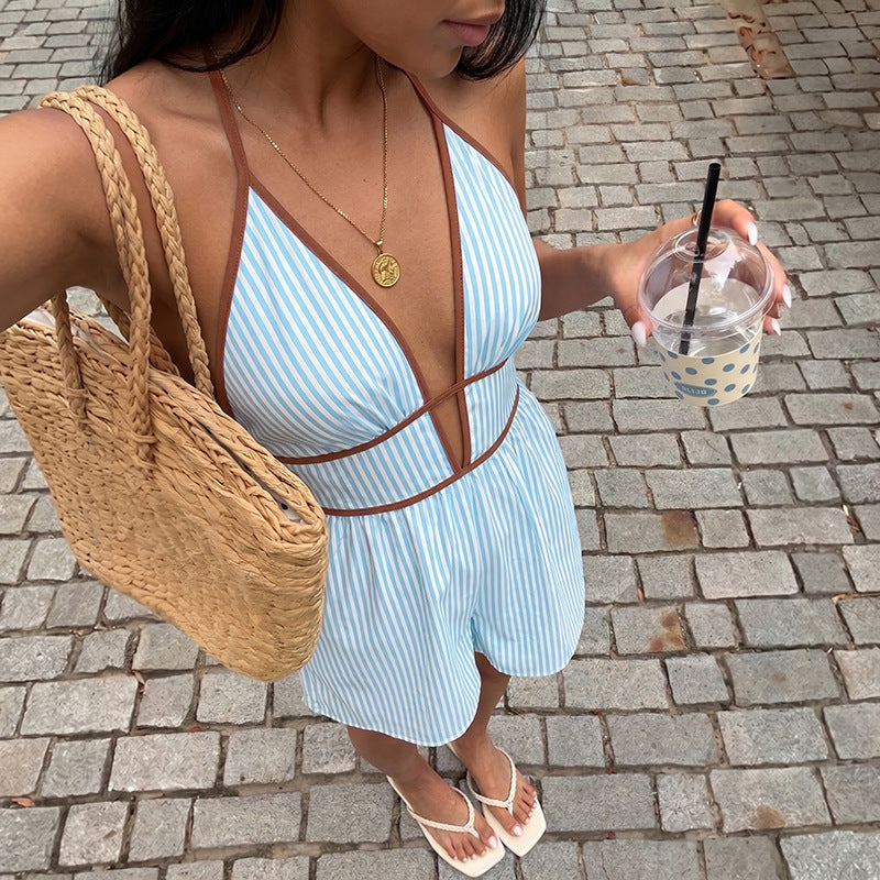 Best-selling Resort-style Striped Halter-neck Deep-V Jumpsuit by Ricaloux