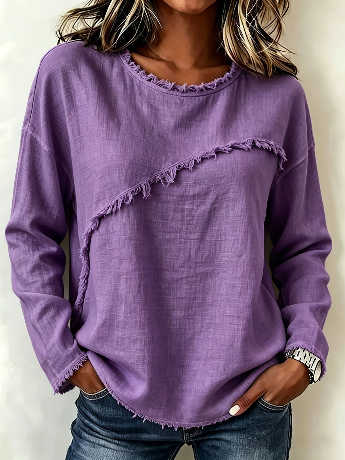 Round-neck Patchwork Lace Long-sleeve T-shirt Casual Top by Ricaloux
