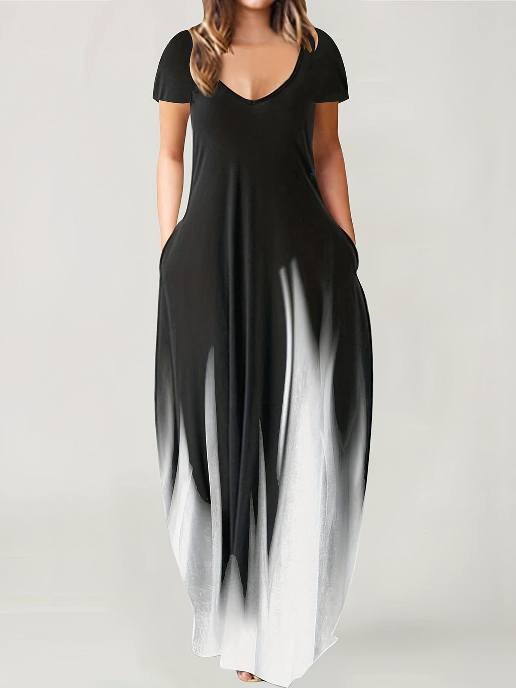Women's Ombre Gradient Short Sleeve Maxi Dress With Pockets Casual V-Neck Loose Fit Long Dress For Summer – Premium 4 | RICALOUX