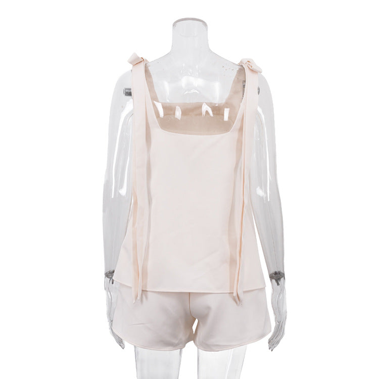 Bow Strap Square Neck A-Line Tank & Elastic Waist Casual Shorts 2-Piece Co-Ord Set by Ricaloux
