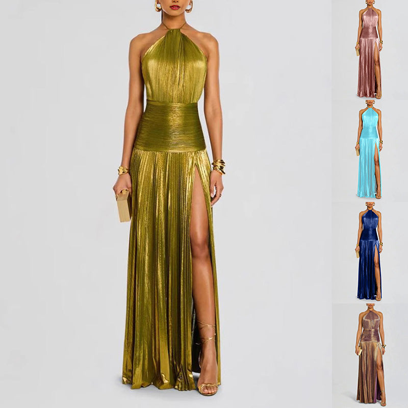 Sexy Pleated Halter Neck Long Dresses Summer Split Sleeveless Dress Evening Party Club Women's Clothing by Ricaloux
