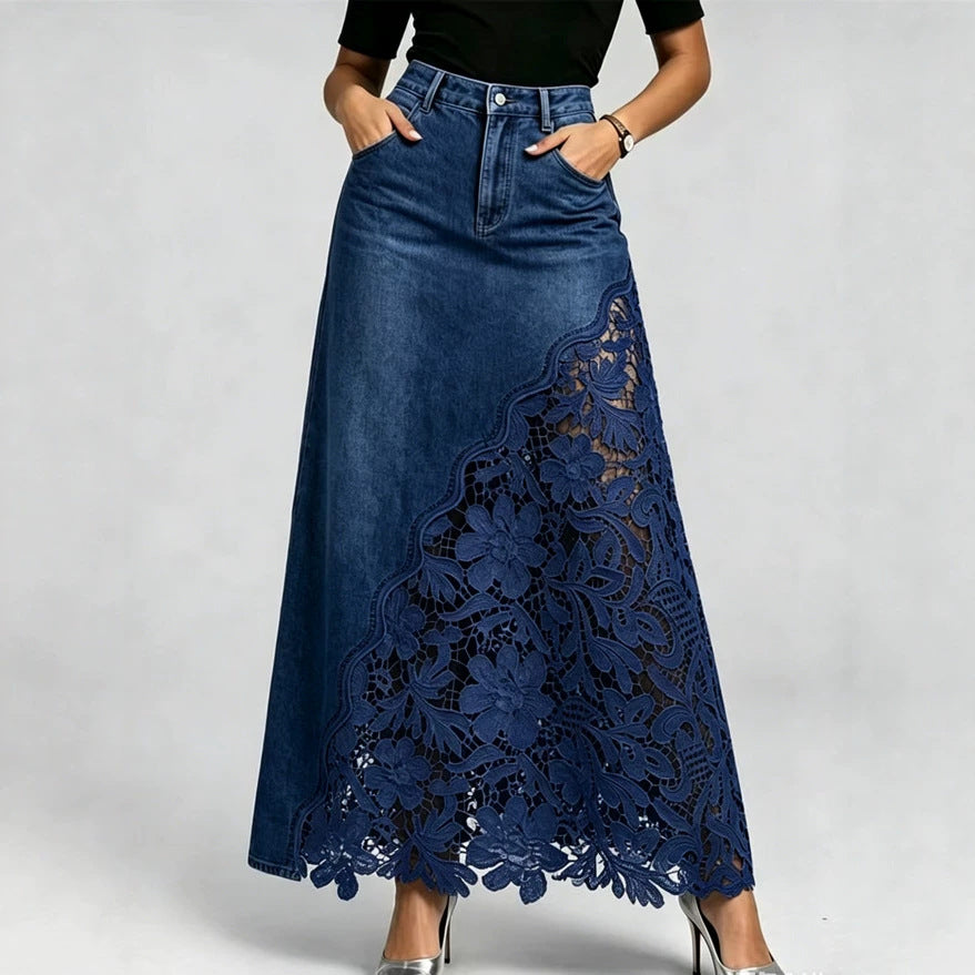 Washed Denim Lace-Panel Long Bodycon Skirt by Ricaloux