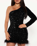 Womens One-shoulder Sequin Dress – Premium 0 | RICALOUX