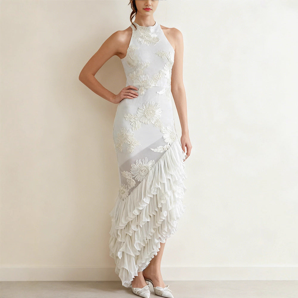 Sleeveless Off-shoulder Dress With Three-dimensional Embroidery And Ruffled Hem by Ricaloux