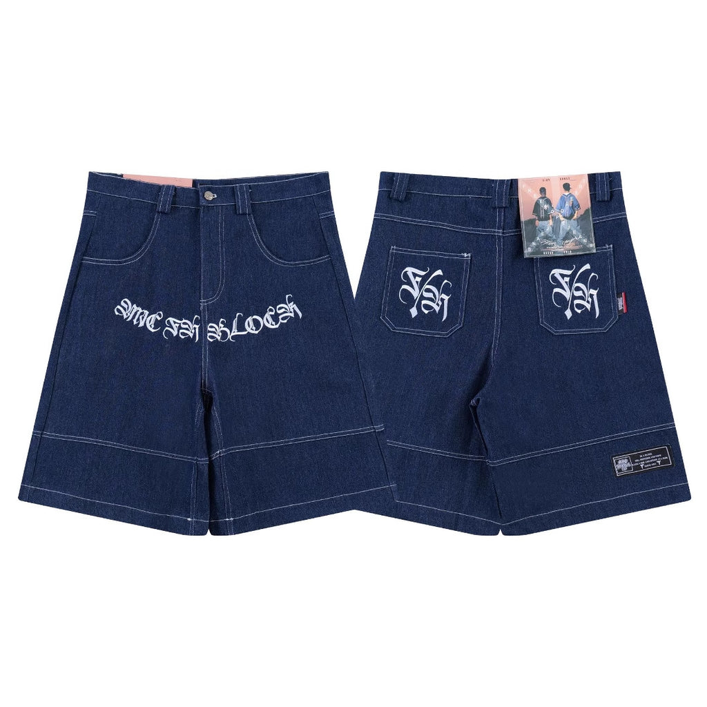 Carnot-style Embroidered Cursive Lettering Denim Shorts by Ricaloux