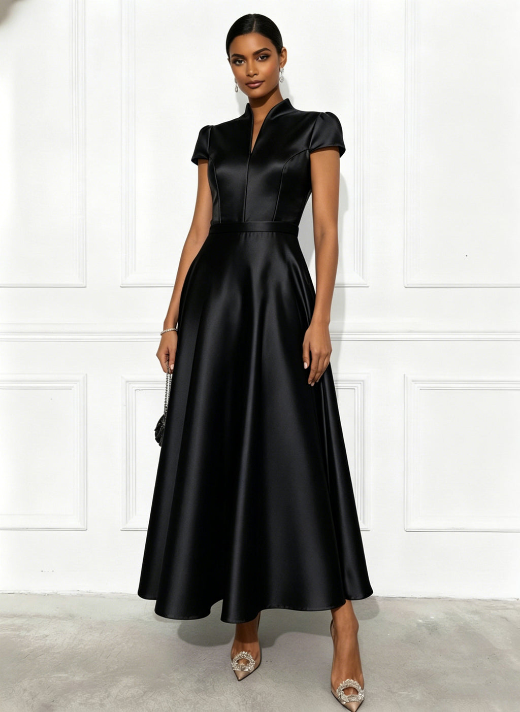 Solid-color Knitted Satin Short-sleeve Waist-cinching Swing Dress – Premium 0 | RICALOUX
