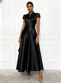 Solid-color Knitted Satin Short-sleeve Waist-cinching Swing Dress – Premium 0 | RICALOUX