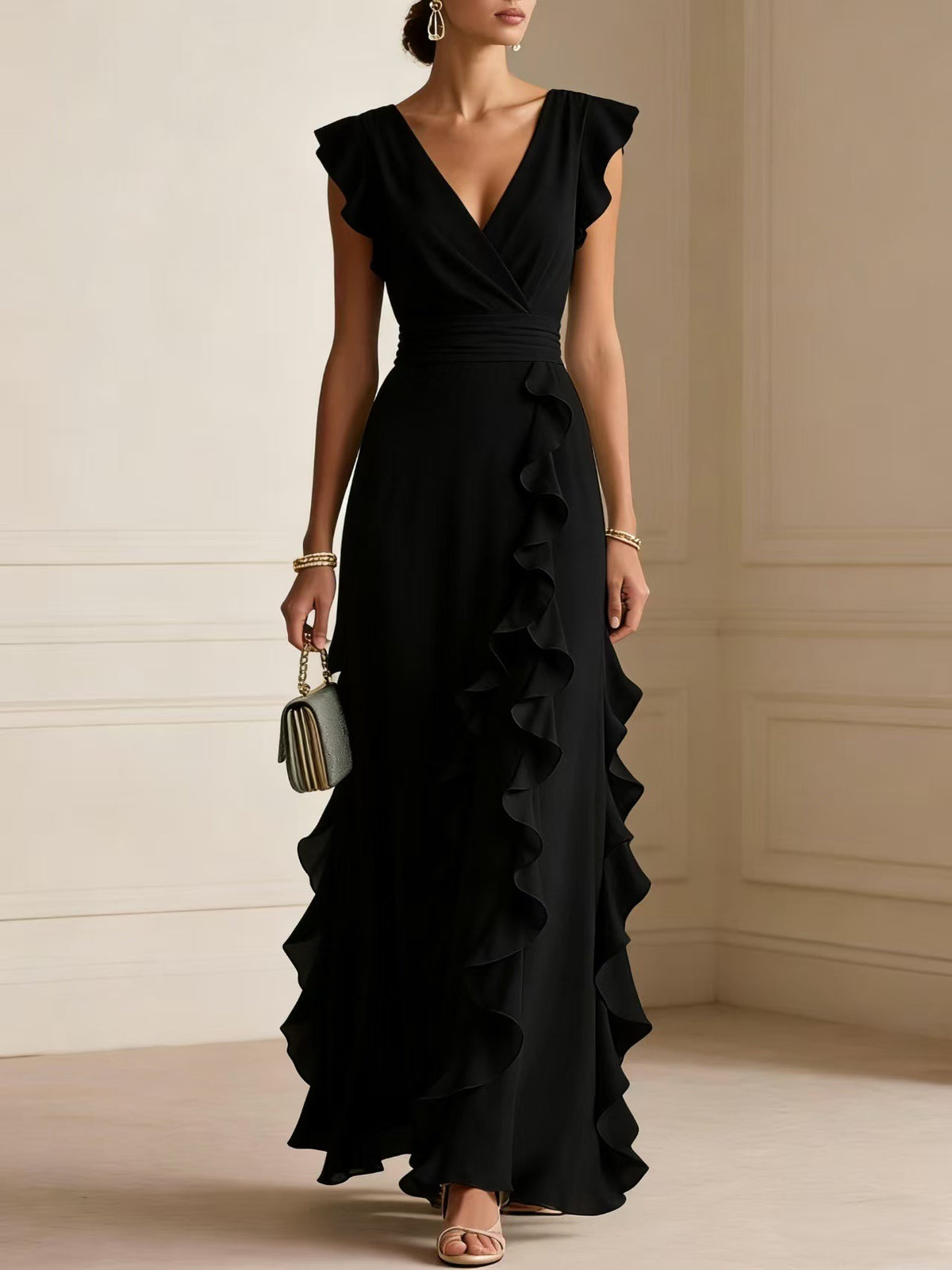 Women's Elegant Solid Color Ruffle Sleeveless Sexy V-Neck Long Dress Fashionable Bohemian Women's Party Evening Maxi Dresses by Ricaloux