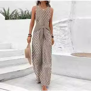 Womens Best-selling Waist-cinching Adjustable-lace-up Printed Jumpsuit by Ricaloux