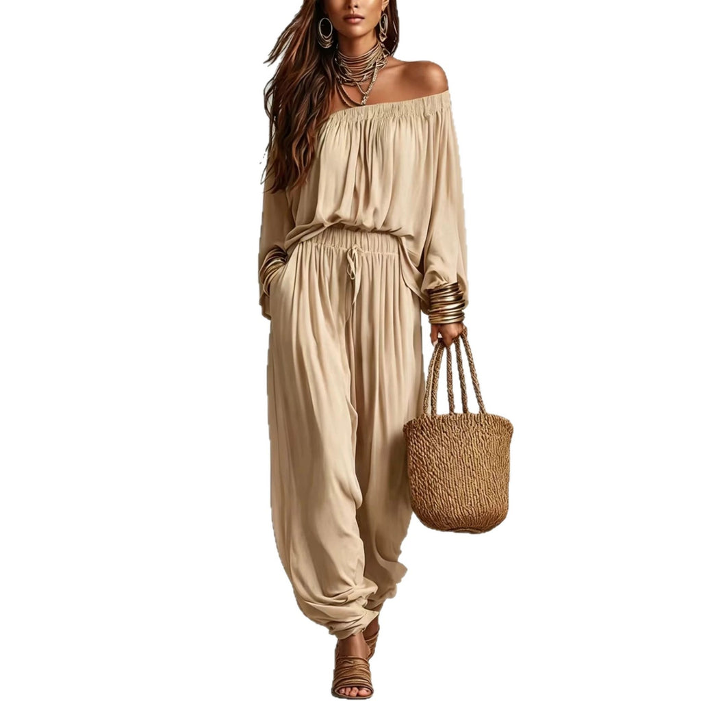 Womens Fashionable Off-shoulder Top And Wide-leg Pants Set by Ricaloux