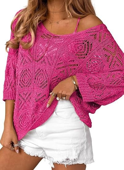 Crochet Hollowed-Out Three-Quarter-Sleeve Pullover Sweater – Premium 0 | RICALOUX