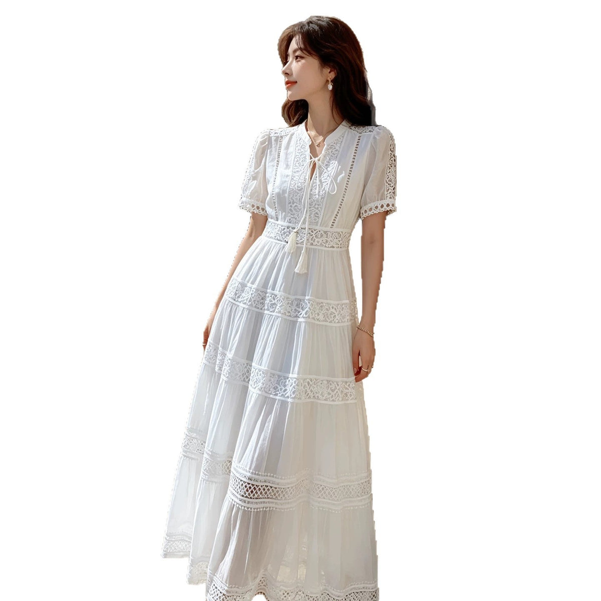 Womens French-style Intricately Crafted Lace Hollow-out V-neck Dress – Premium 0 | RICALOUX