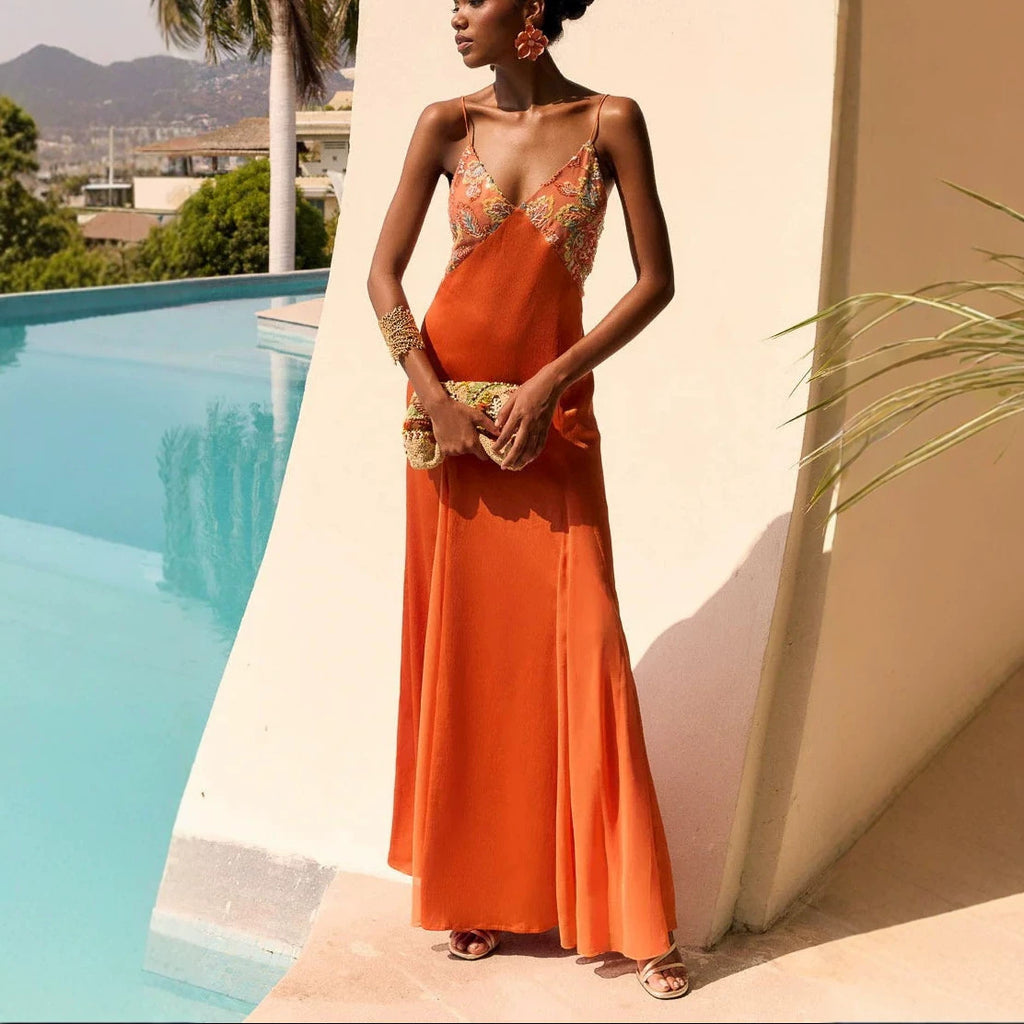 SpringSummer New Spaghetti-strap Satin Dress And Scarf Two-piece Set For Women by Ricaloux