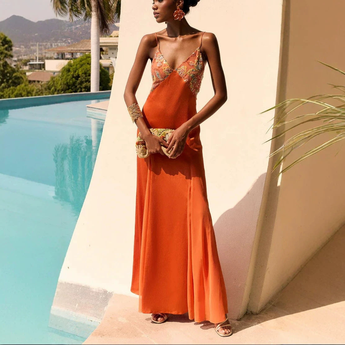 SpringSummer New Spaghetti-strap Satin Dress And Scarf Two-piece Set For Women by Ricaloux