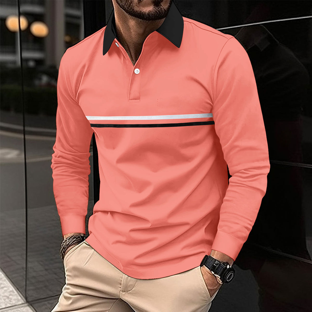 Button-down Long-sleeve Mens Sports Polo Shirt by Ricaloux