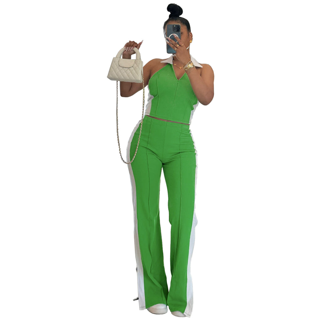 Fashionable Patchwork Color-Block V-Neck Zippered Sleeveless Split-Pant Two-Piece Set by Ricaloux