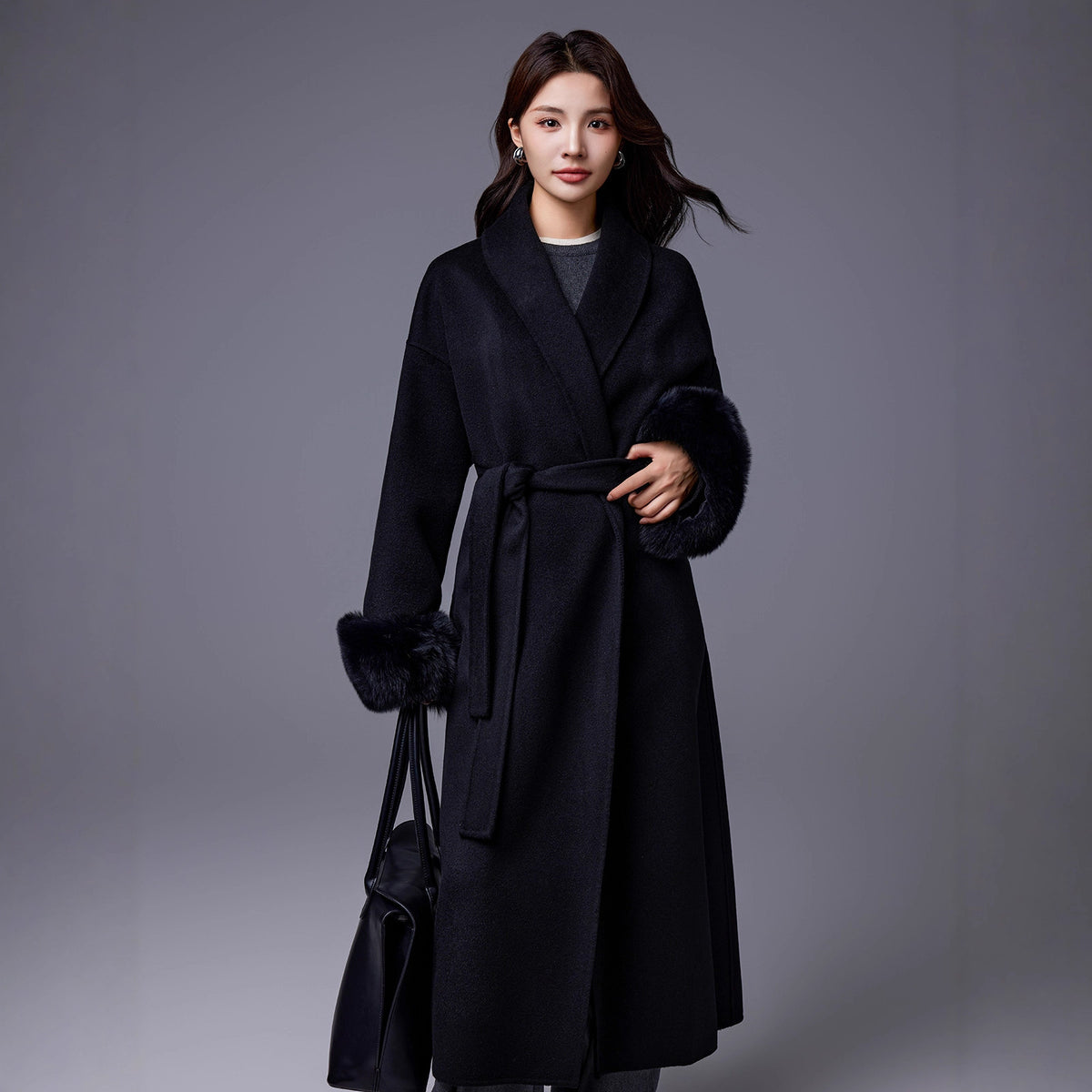 Thickened Coat With Fox-fur Sleeves Womens Belted Wool Blend by Ricaloux