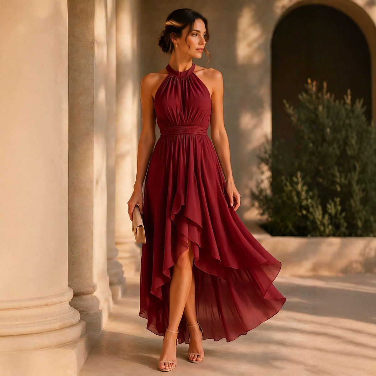 Irregular Sleeveless Chiffon Halter-Neck Evening Dress by Ricaloux