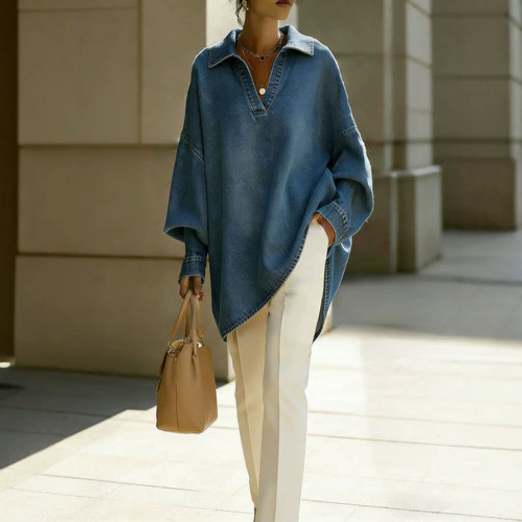 Women's Loose-fitting Casual Denim Shirt For Commuting by Ricaloux