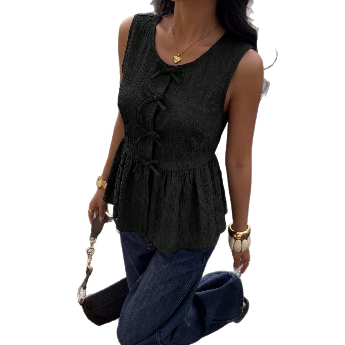 Womens Bow-Detailed Sleeveless Tank Top With A Defined Waist – Premium 0 | RICALOUX
